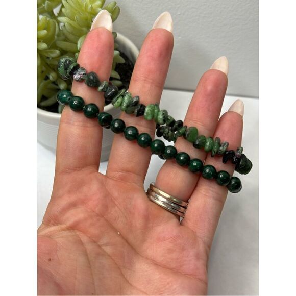 Malachite + Ruby Zoisite Gemstone Beaded Stretch Bracelets - Picture 3 of 6